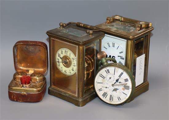 Two carriage timepieces, pocket watch and a travelling inkwell